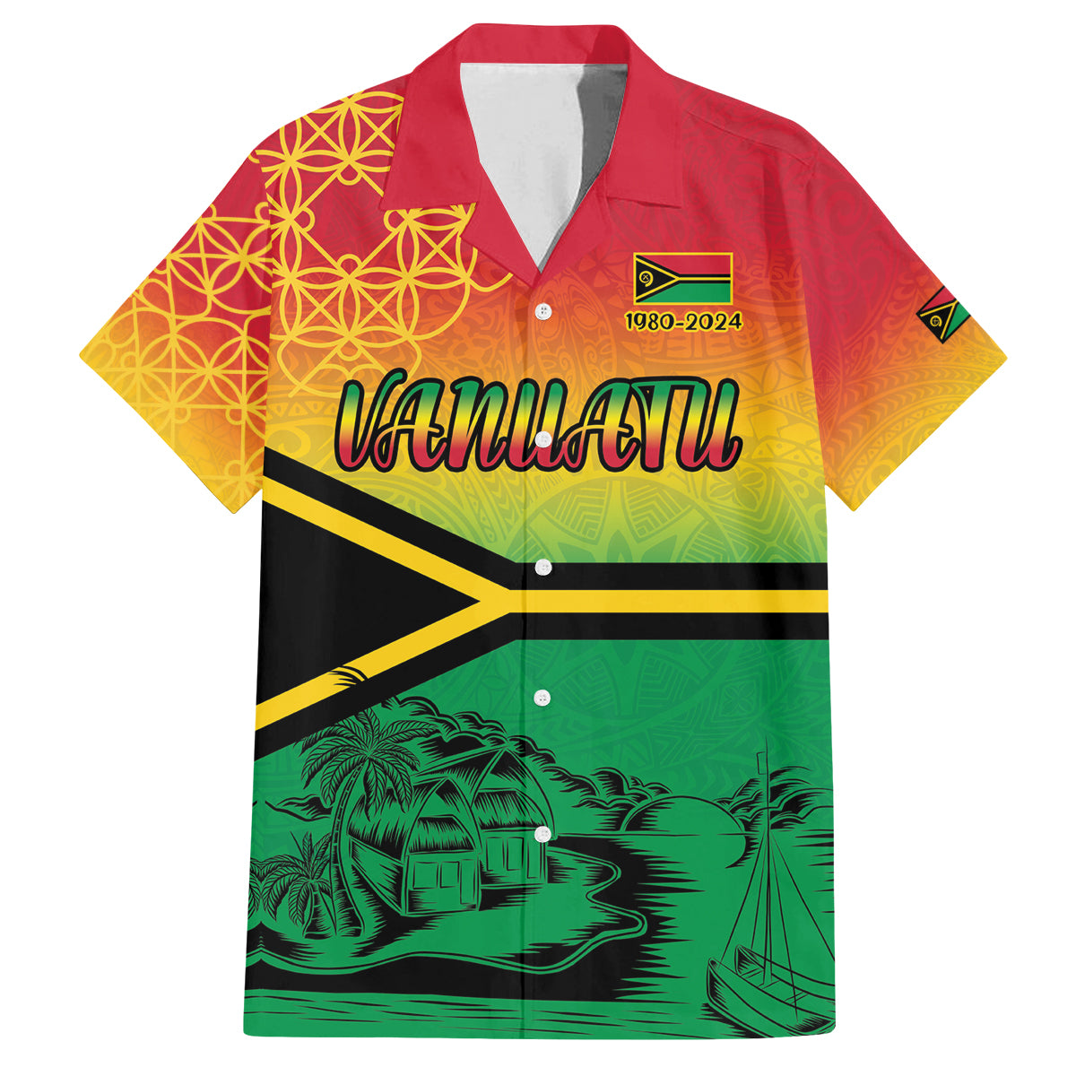 Hapi 44th Indipendens Dei Vanuatu Family Matching Long Sleeve Bodycon Dress and Hawaiian Shirt Yumi 1980 with Vanuatuan Beach Landscape LT9 Dad's Shirt - Short Sleeve Reggae - Polynesian Pride