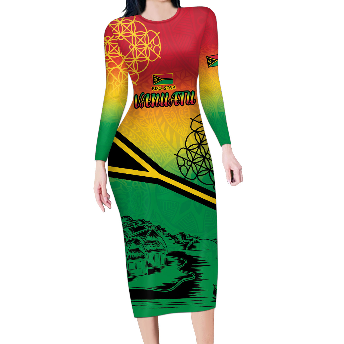 Hapi 44th Indipendens Dei Vanuatu Family Matching Long Sleeve Bodycon Dress and Hawaiian Shirt Yumi 1980 with Vanuatuan Beach Landscape LT9 Mom's Dress Reggae - Polynesian Pride