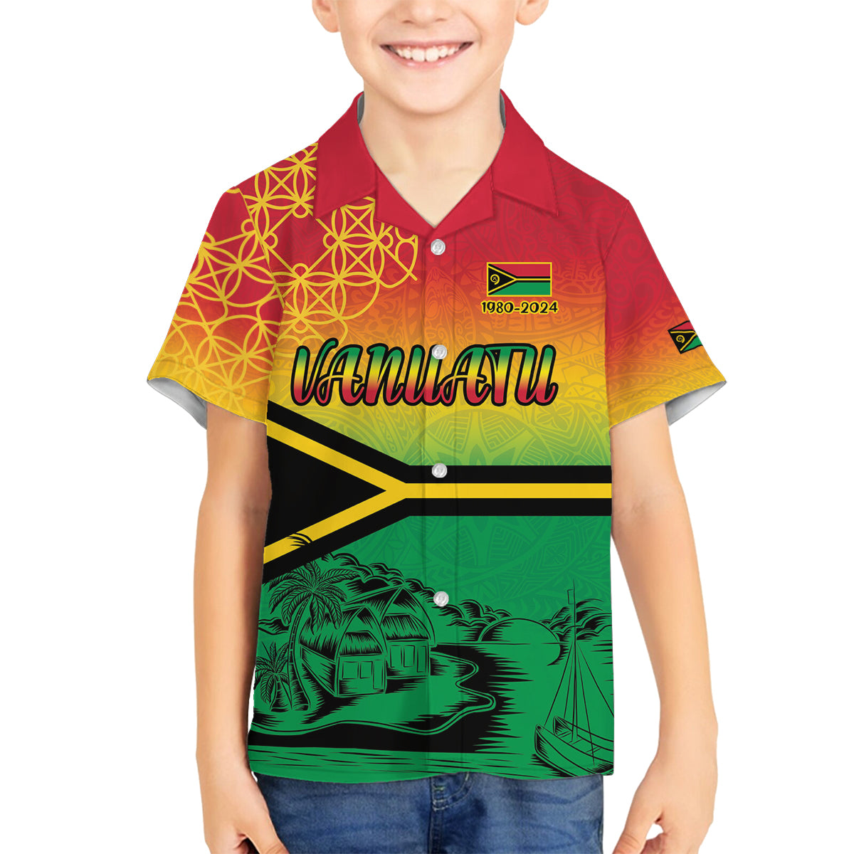 Hapi 44th Indipendens Dei Vanuatu Family Matching Long Sleeve Bodycon Dress and Hawaiian Shirt Yumi 1980 with Vanuatuan Beach Landscape LT9 Son's Shirt Reggae - Polynesian Pride