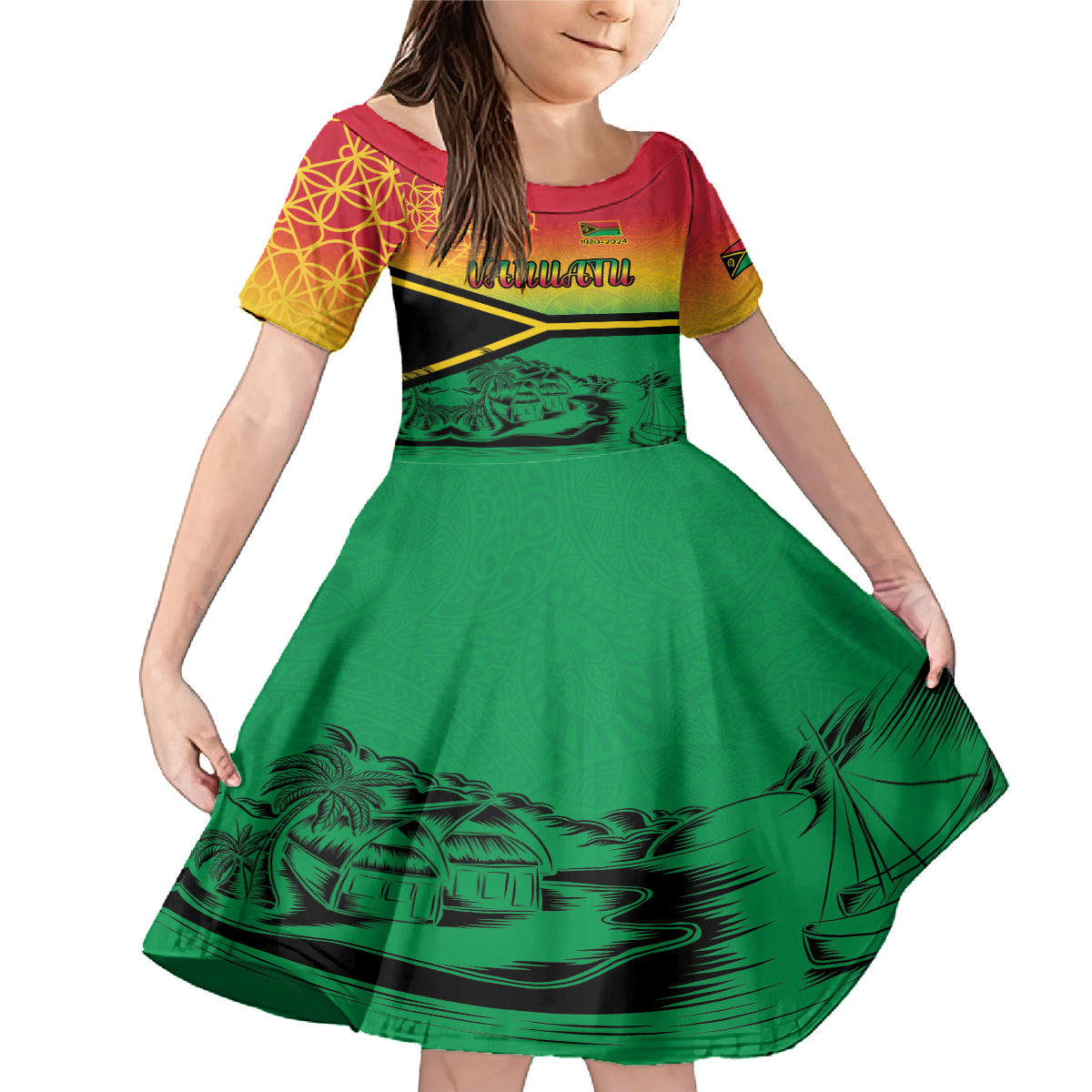 Hapi 44th Indipendens Dei Vanuatu Family Matching Mermaid Dress and Hawaiian Shirt Yumi 1980 with Vanuatuan Beach Landscape LT9 Daughter's Dress Reggae - Polynesian Pride