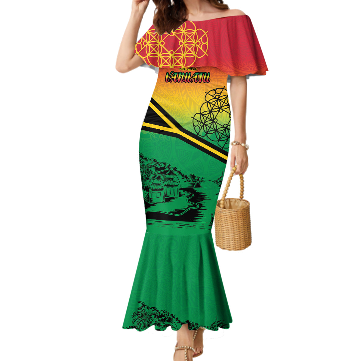 Hapi 44th Indipendens Dei Vanuatu Family Matching Mermaid Dress and Hawaiian Shirt Yumi 1980 with Vanuatuan Beach Landscape LT9 Mom's Dress Reggae - Polynesian Pride