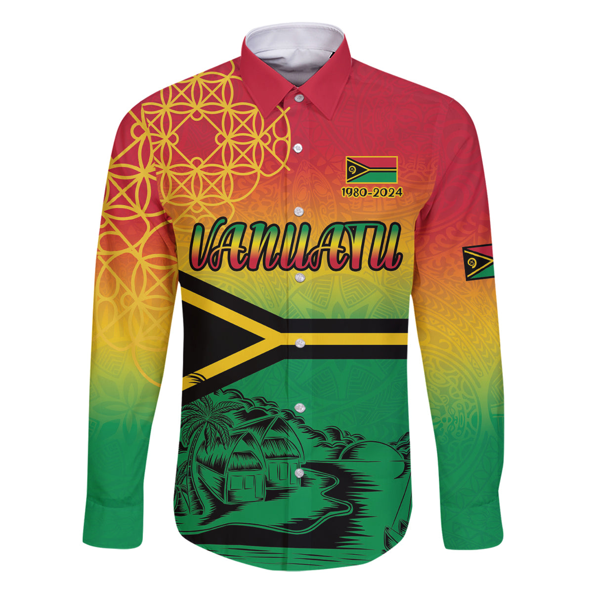 Hapi 44th Indipendens Dei Vanuatu Family Matching Off The Shoulder Long Sleeve Dress and Hawaiian Shirt Yumi 1980 with Vanuatuan Beach Landscape