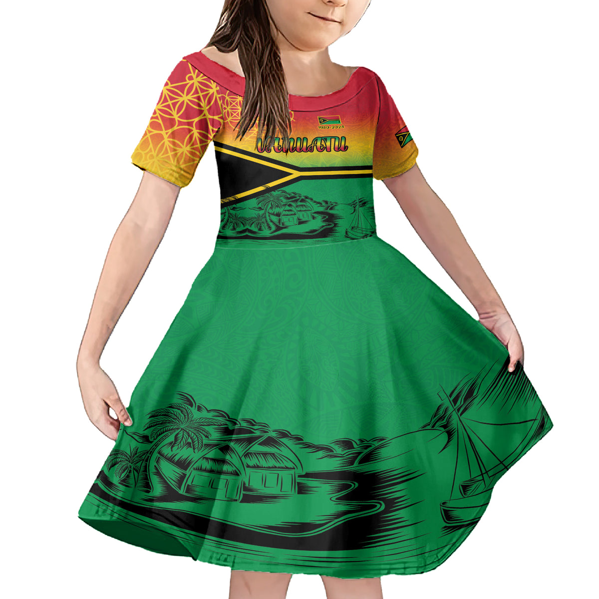 Hapi 44th Indipendens Dei Vanuatu Family Matching Short Sleeve Bodycon Dress and Hawaiian Shirt Yumi 1980 with Vanuatuan Beach Landscape LT9 Daughter's Dress Reggae - Polynesian Pride