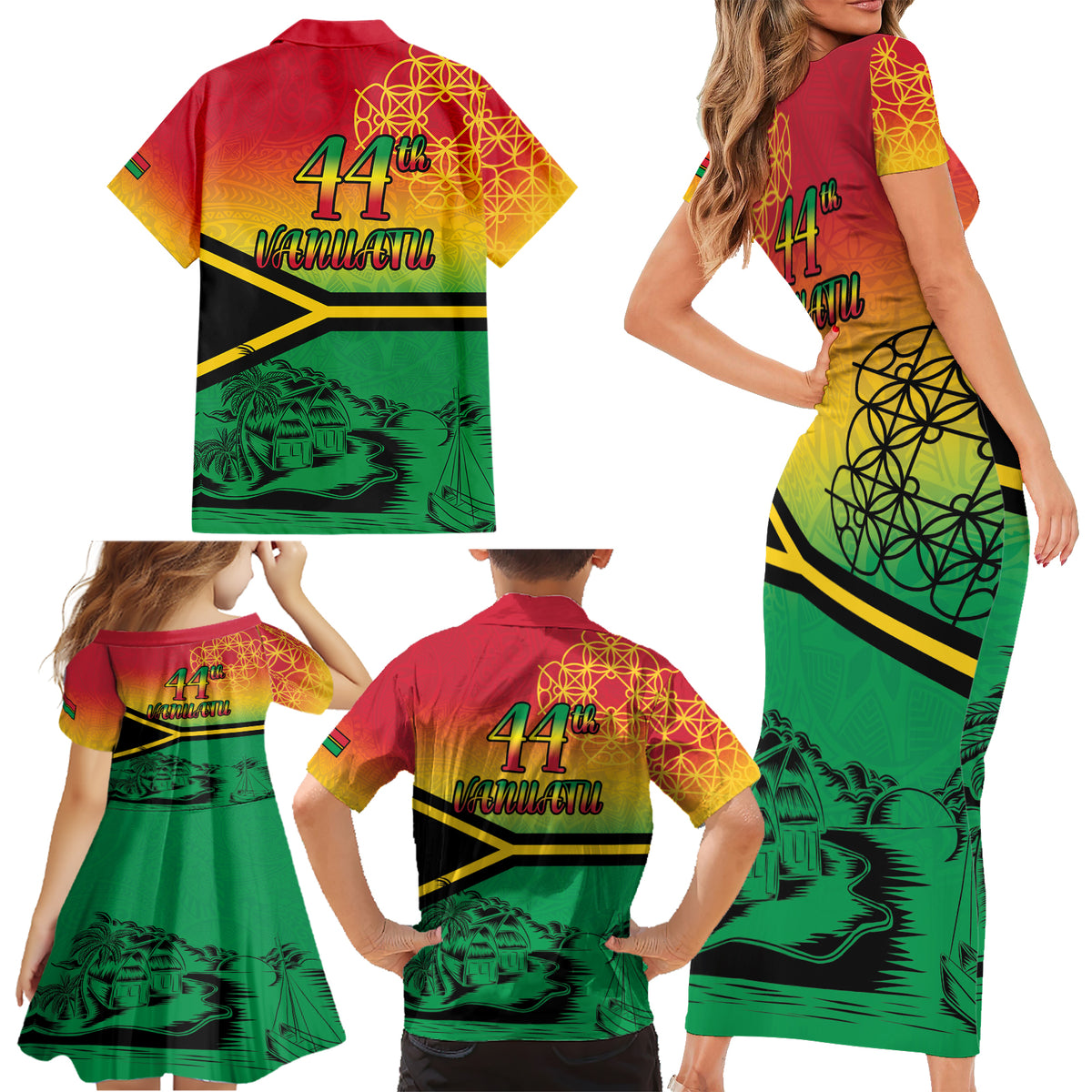 Hapi 44th Indipendens Dei Vanuatu Family Matching Short Sleeve Bodycon Dress and Hawaiian Shirt Yumi 1980 with Vanuatuan Beach Landscape LT9 - Polynesian Pride