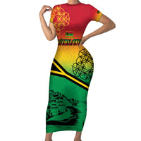 Hapi 44th Indipendens Dei Vanuatu Family Matching Short Sleeve Bodycon Dress and Hawaiian Shirt Yumi 1980 with Vanuatuan Beach Landscape LT9 Mom's Dress Reggae - Polynesian Pride