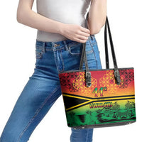 Hapi 44th Indipendens Dei Vanuatu Leather Tote Bag Yumi 1980 with Vanuatuan Beach Landscape