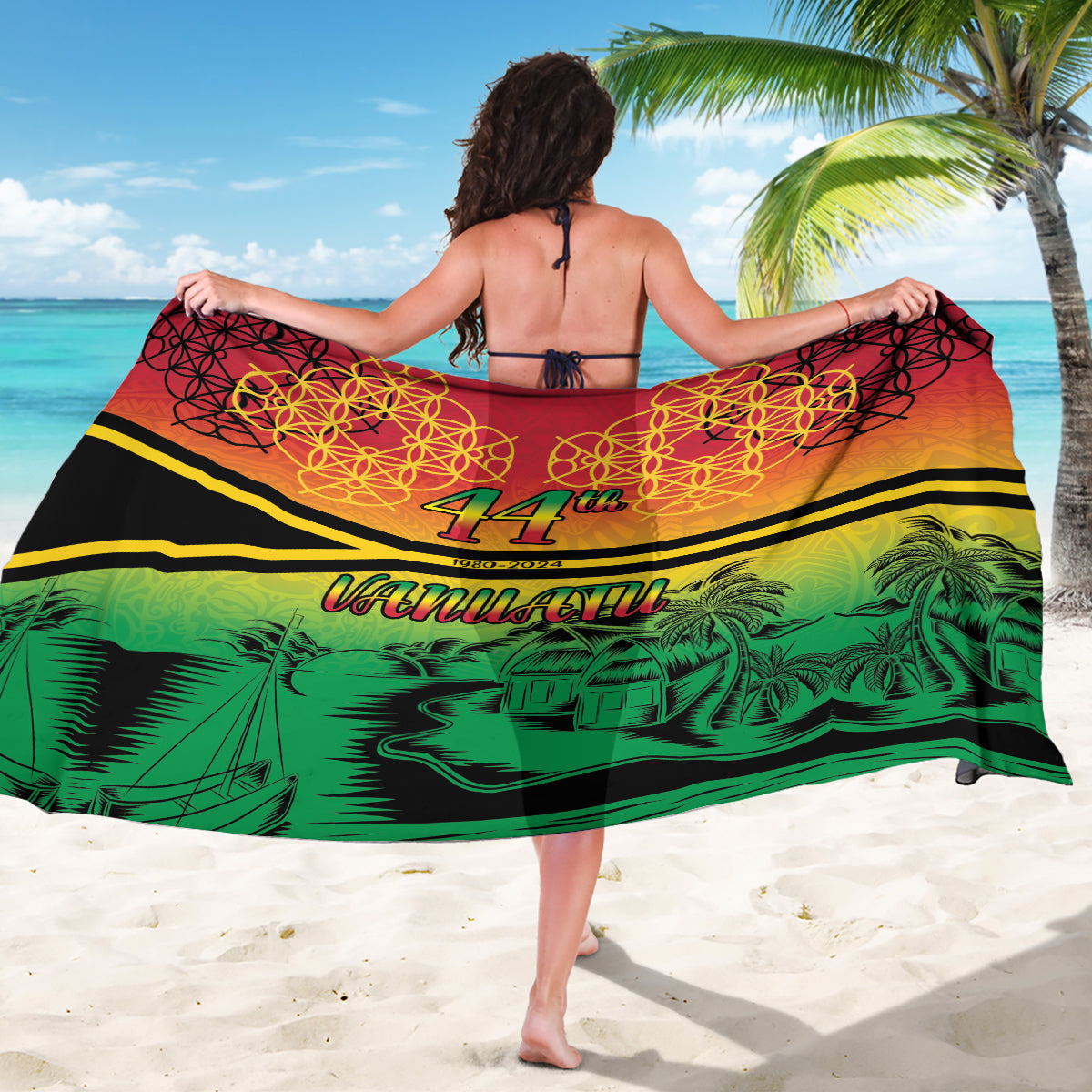 Hapi 44th Indipendens Dei Vanuatu Sarong Yumi 1980 with Vanuatuan Beach Landscape