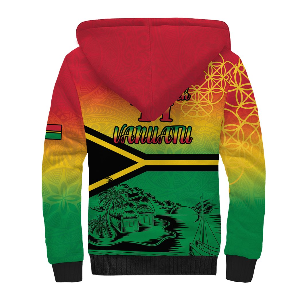 Hapi 44th Indipendens Dei Vanuatu Sherpa Hoodie Yumi 1980 with Vanuatuan Beach Landscape
