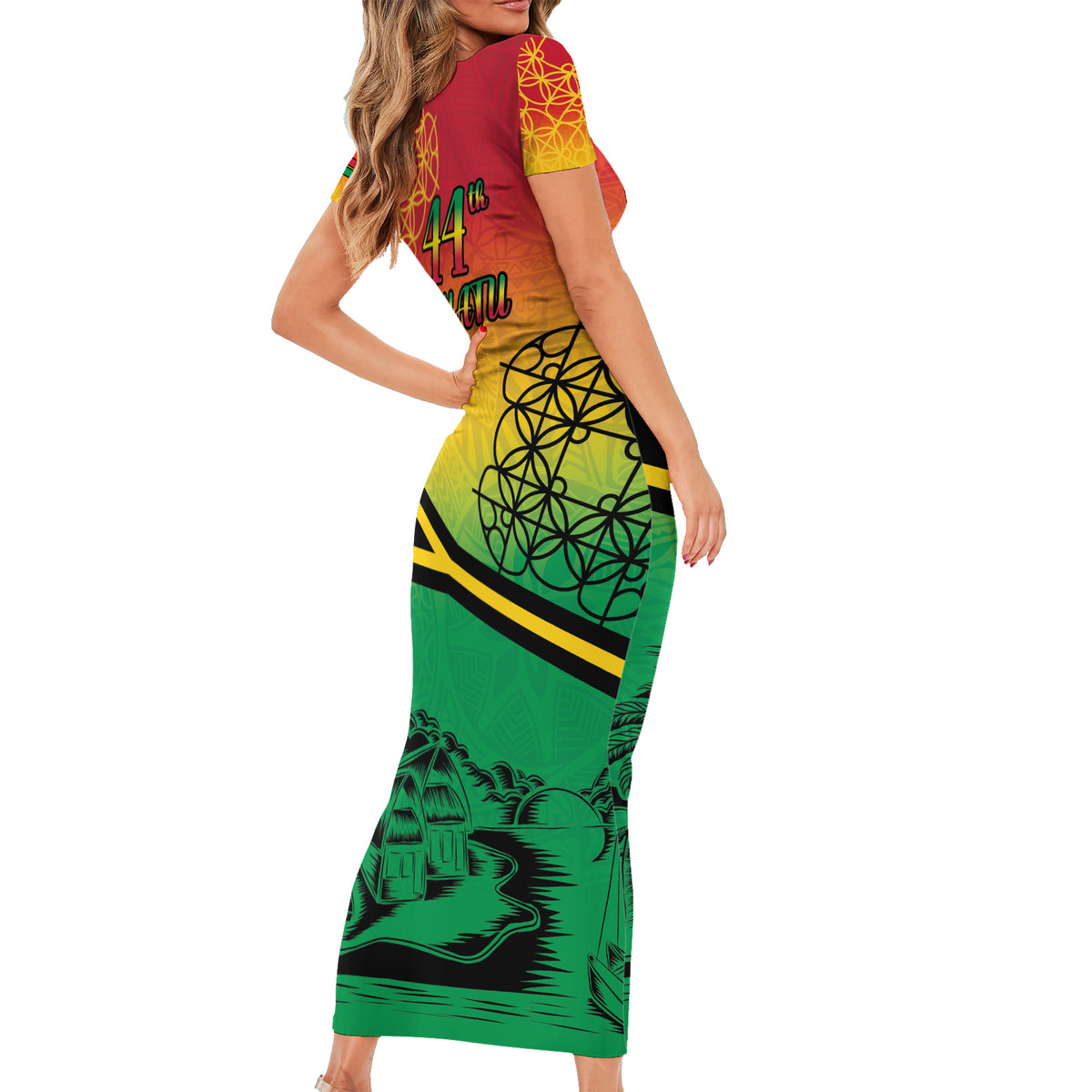 Hapi 44th Indipendens Dei Vanuatu Short Sleeve Bodycon Dress Yumi 1980 with Vanuatuan Beach Landscape