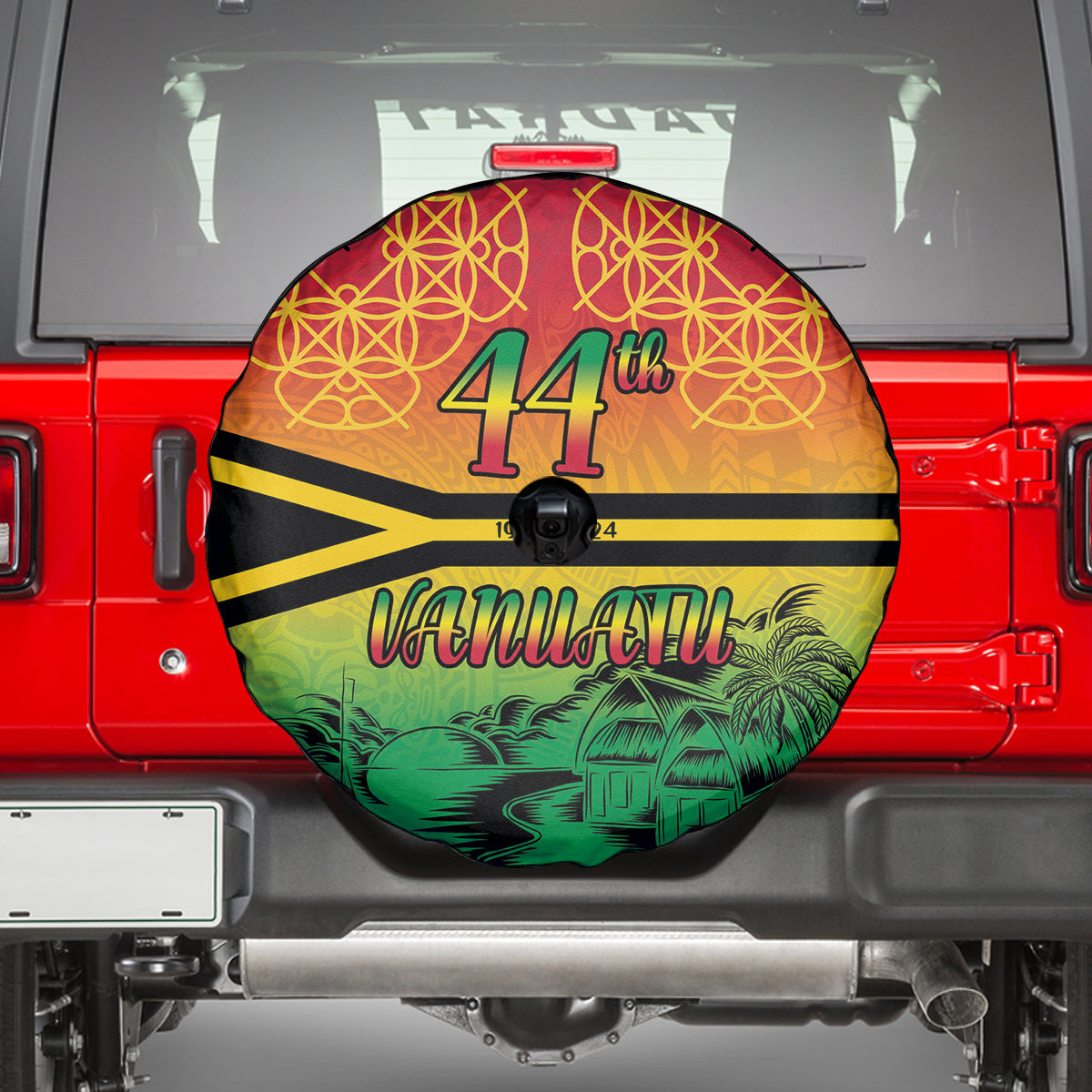 Hapi 44th Indipendens Dei Vanuatu Spare Tire Cover Yumi 1980 with Vanuatuan Beach Landscape