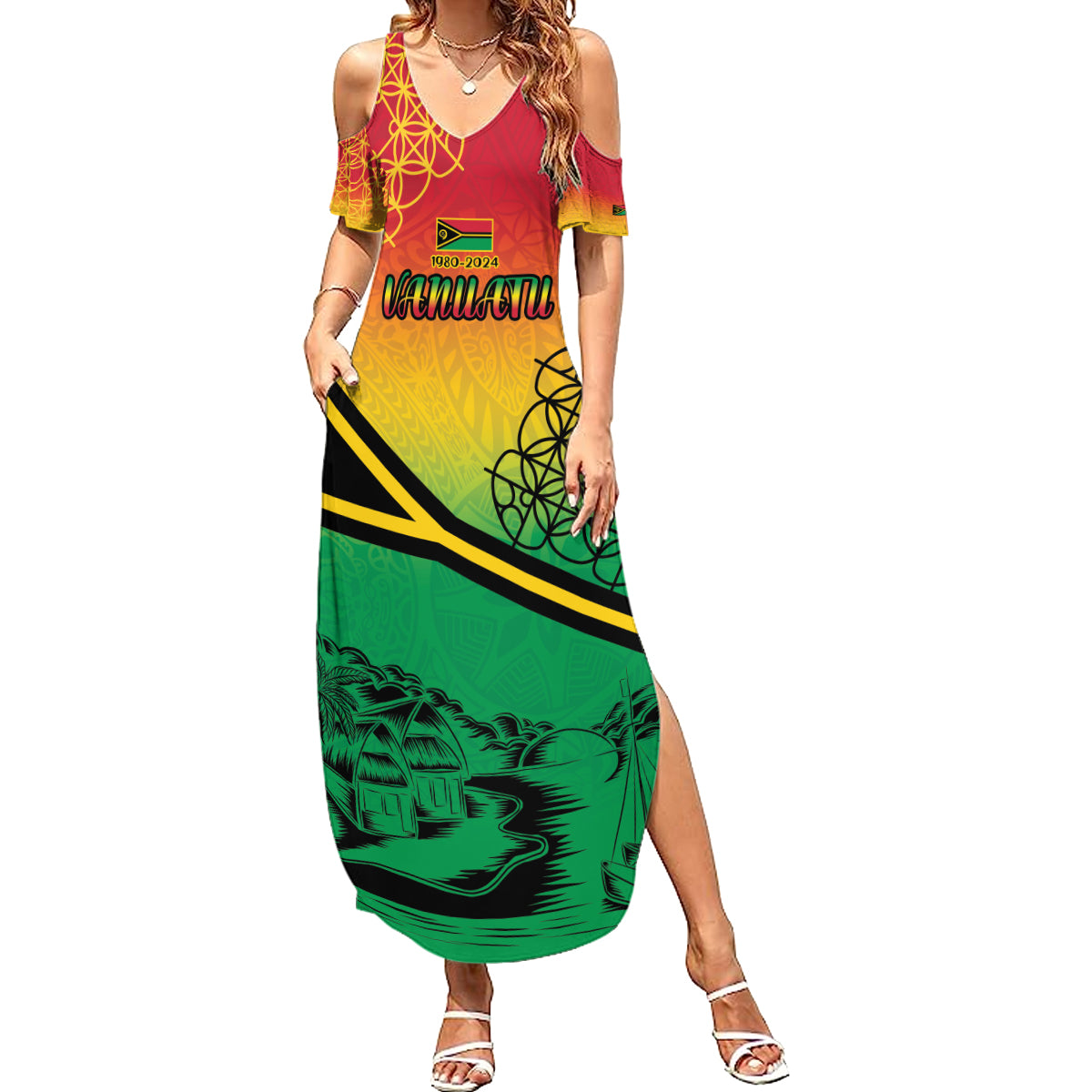 Hapi 44th Indipendens Dei Vanuatu Summer Maxi Dress Yumi 1980 with Vanuatuan Beach Landscape