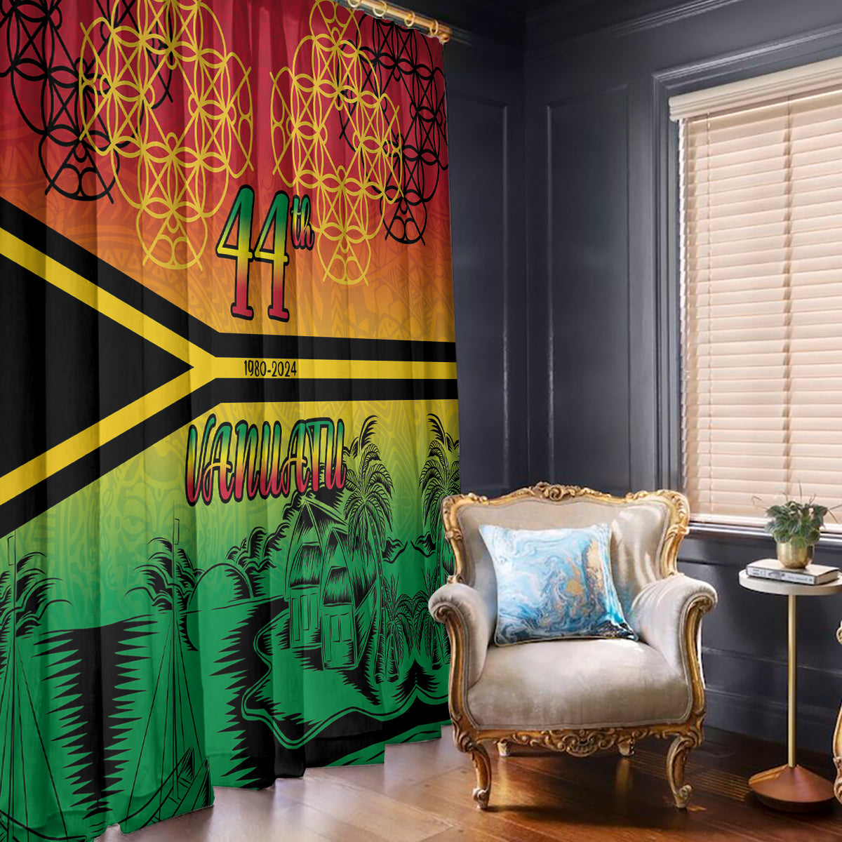 Hapi 44th Indipendens Dei Vanuatu Window Curtain Yumi 1980 with Vanuatuan Beach Landscape