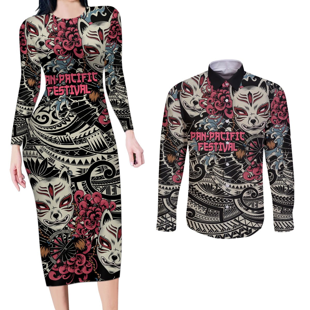 Personalized Japanese Kitsune Mask Couples Matching Long Sleeve Bodycon Dress and Long Sleeve Button Shirt With Polynesian Arty Style