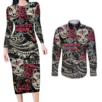 Personalized Japanese Kitsune Mask Couples Matching Long Sleeve Bodycon Dress and Long Sleeve Button Shirt With Polynesian Arty Style