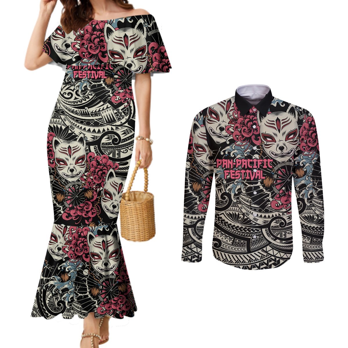 Personalized Japanese Kitsune Mask Couples Matching Mermaid Dress and Long Sleeve Button Shirt With Polynesian Arty Style LT9 Black - Polynesian Pride