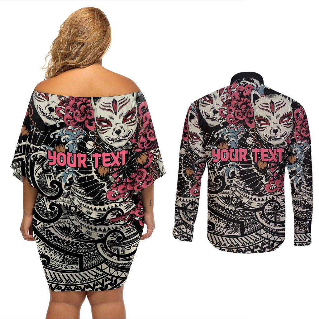 Personalized Japanese Kitsune Mask Couples Matching Off Shoulder Short Dress and Long Sleeve Button Shirt With Polynesian Arty Style