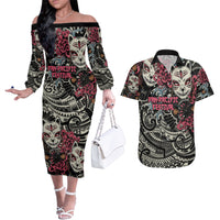Personalized Japanese Kitsune Mask Couples Matching Off The Shoulder Long Sleeve Dress and Hawaiian Shirt With Polynesian Arty Style
