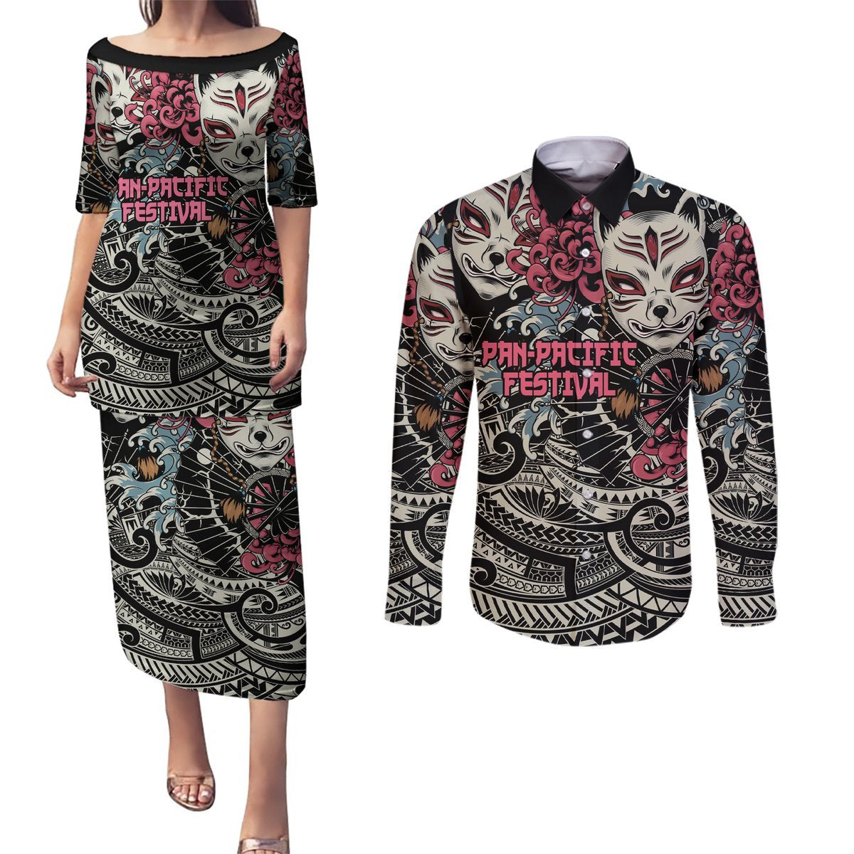 Personalized Japanese Kitsune Mask Couples Matching Puletasi and Long Sleeve Button Shirt With Polynesian Arty Style LT9 Black - Polynesian Pride