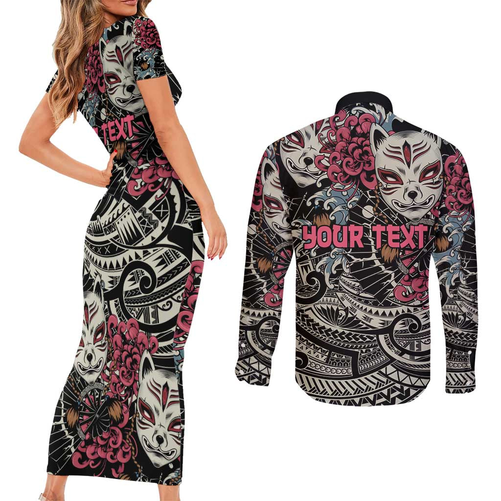 Personalized Japanese Kitsune Mask Couples Matching Short Sleeve Bodycon Dress and Long Sleeve Button Shirt With Polynesian Arty Style LT9