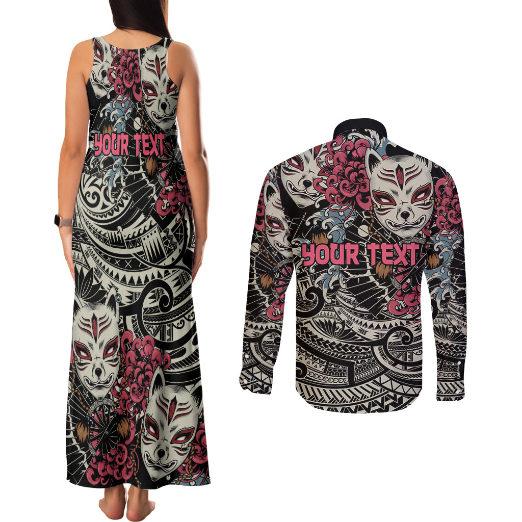 Personalized Japanese Kitsune Mask Couples Matching Tank Maxi Dress and Long Sleeve Button Shirt With Polynesian Arty Style
