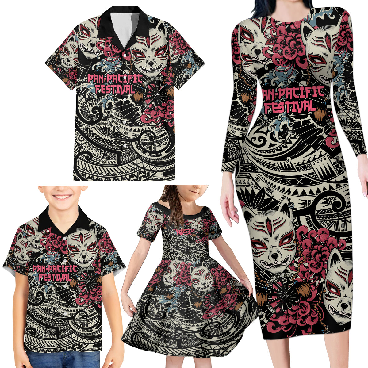 Personalized Japanese Kitsune Mask Family Matching Long Sleeve Bodycon Dress and Hawaiian Shirt With Polynesian Arty Style LT9 - Polynesian Pride