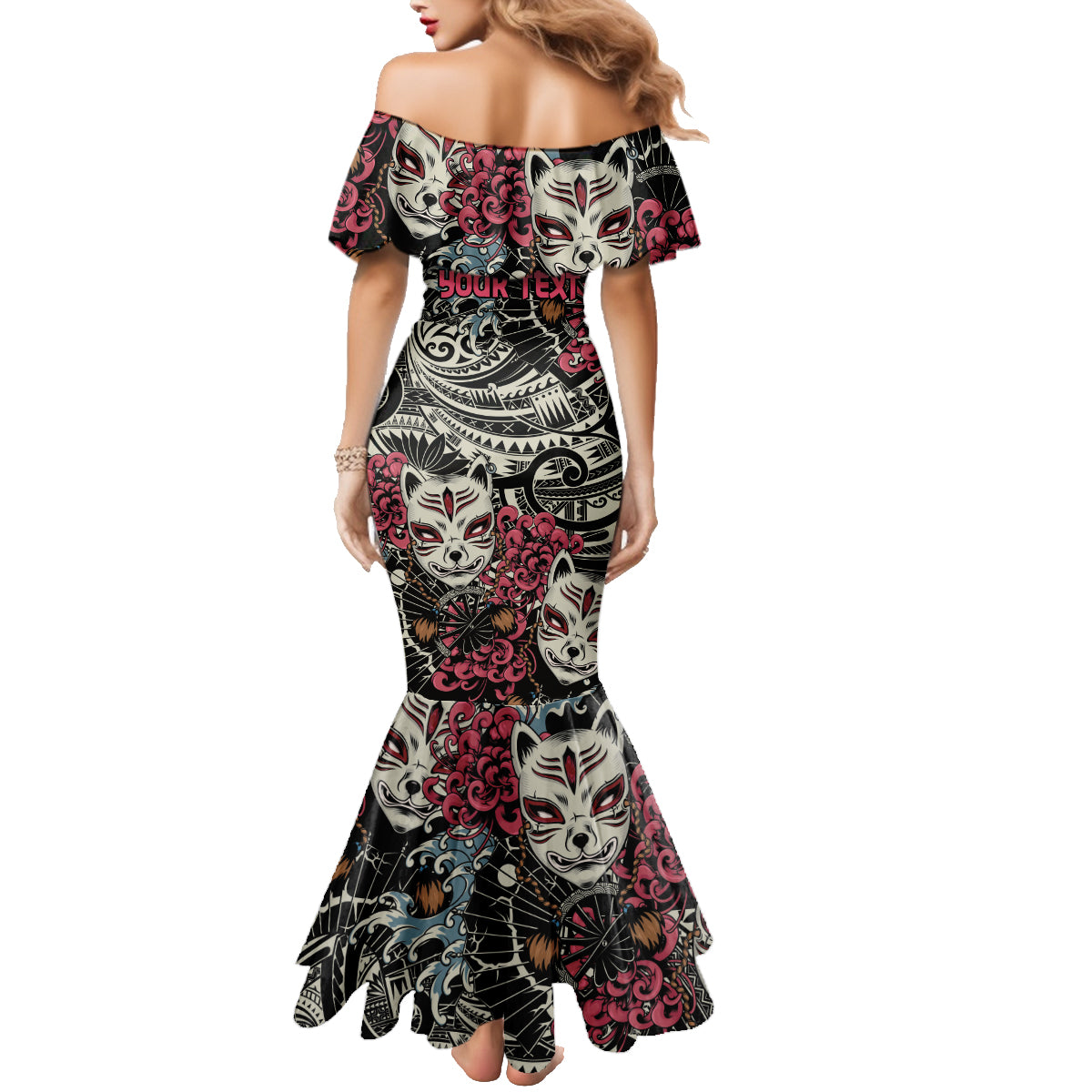 Personalized Japanese Kitsune Mask Family Matching Mermaid Dress and Hawaiian Shirt With Polynesian Arty Style