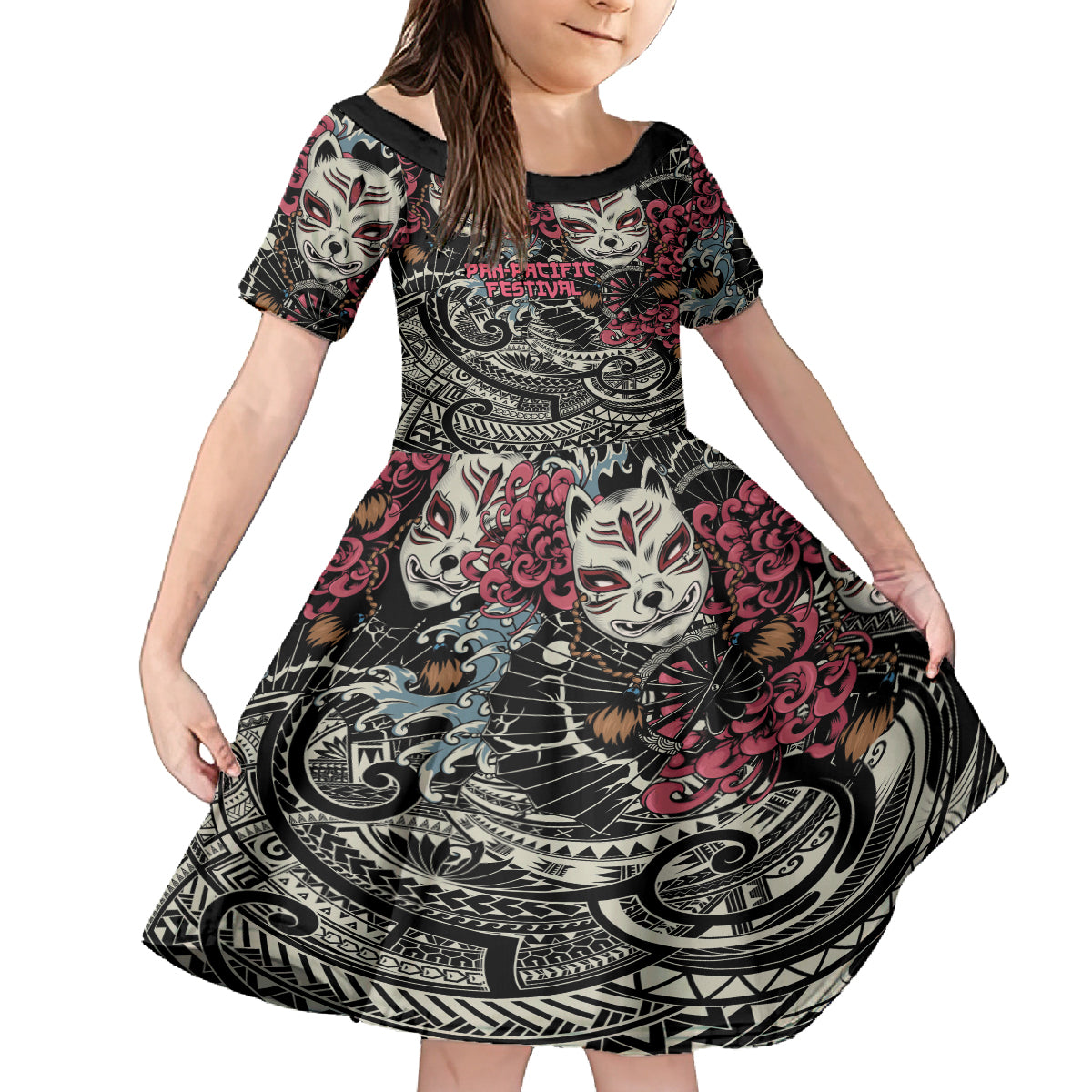 Personalized Japanese Kitsune Mask Family Matching Puletasi and Hawaiian Shirt With Polynesian Arty Style LT9 Daughter's Dress Black - Polynesian Pride