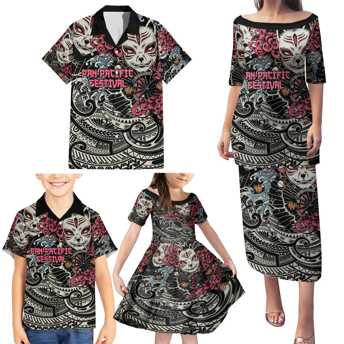 Personalized Japanese Kitsune Mask Family Matching Puletasi and Hawaiian Shirt With Polynesian Arty Style LT9 - Polynesian Pride