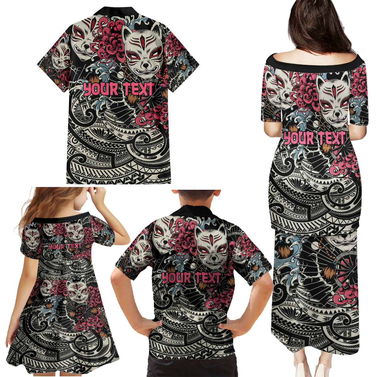 Personalized Japanese Kitsune Mask Family Matching Puletasi and Hawaiian Shirt With Polynesian Arty Style LT9 - Polynesian Pride