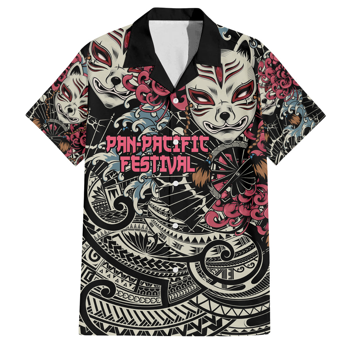 Personalized Japanese Kitsune Mask Family Matching Puletasi and Hawaiian Shirt With Polynesian Arty Style LT9 Dad's Shirt - Short Sleeve Black - Polynesian Pride