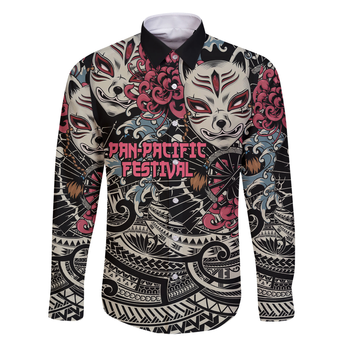 Personalized Japanese Kitsune Mask Family Matching Puletasi and Hawaiian Shirt With Polynesian Arty Style LT9 Dad's Shirt - Long Sleeve Black - Polynesian Pride
