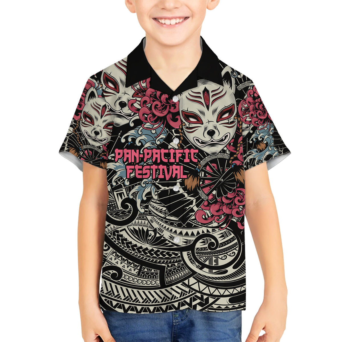Personalized Japanese Kitsune Mask Family Matching Puletasi and Hawaiian Shirt With Polynesian Arty Style LT9 Son's Shirt Black - Polynesian Pride