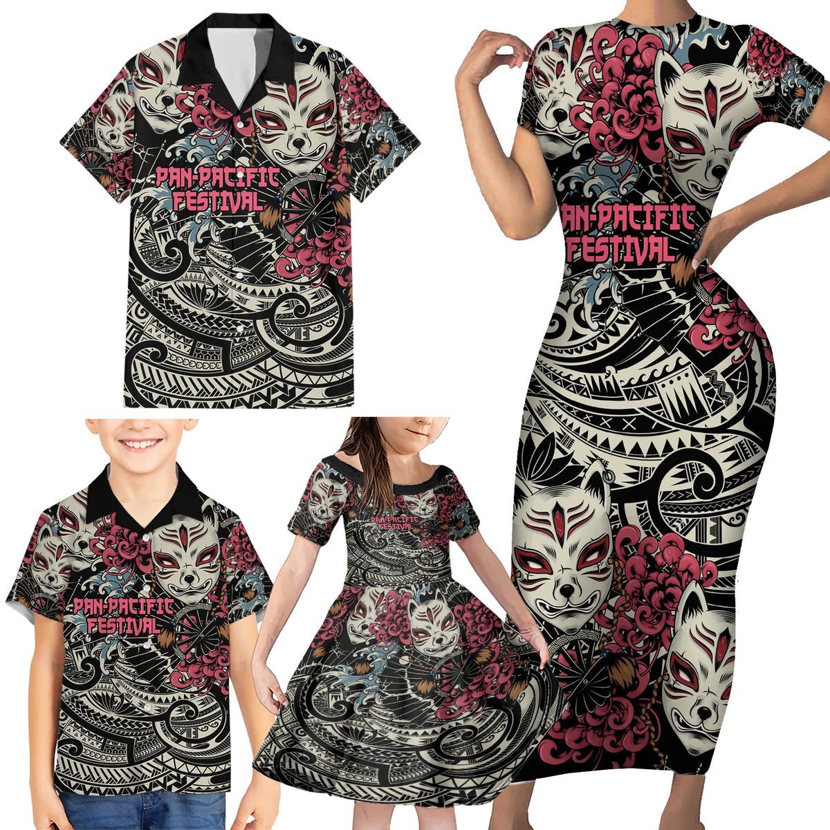Personalized Japanese Kitsune Mask Family Matching Short Sleeve Bodycon Dress and Hawaiian Shirt With Polynesian Arty Style LT9 - Polynesian Pride