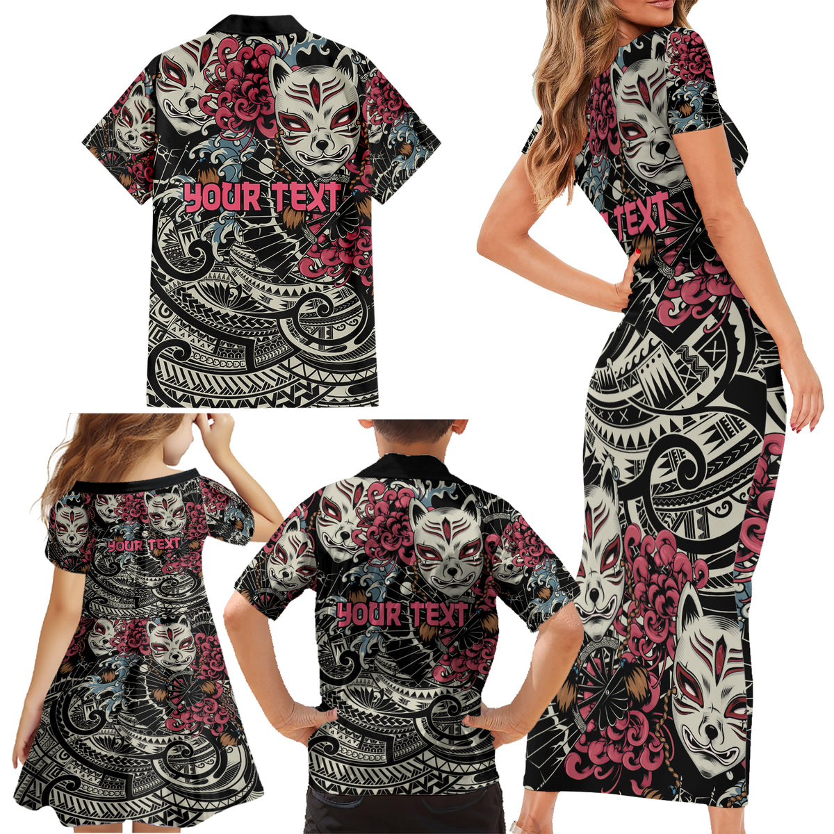 Personalized Japanese Kitsune Mask Family Matching Short Sleeve Bodycon Dress and Hawaiian Shirt With Polynesian Arty Style LT9 - Polynesian Pride