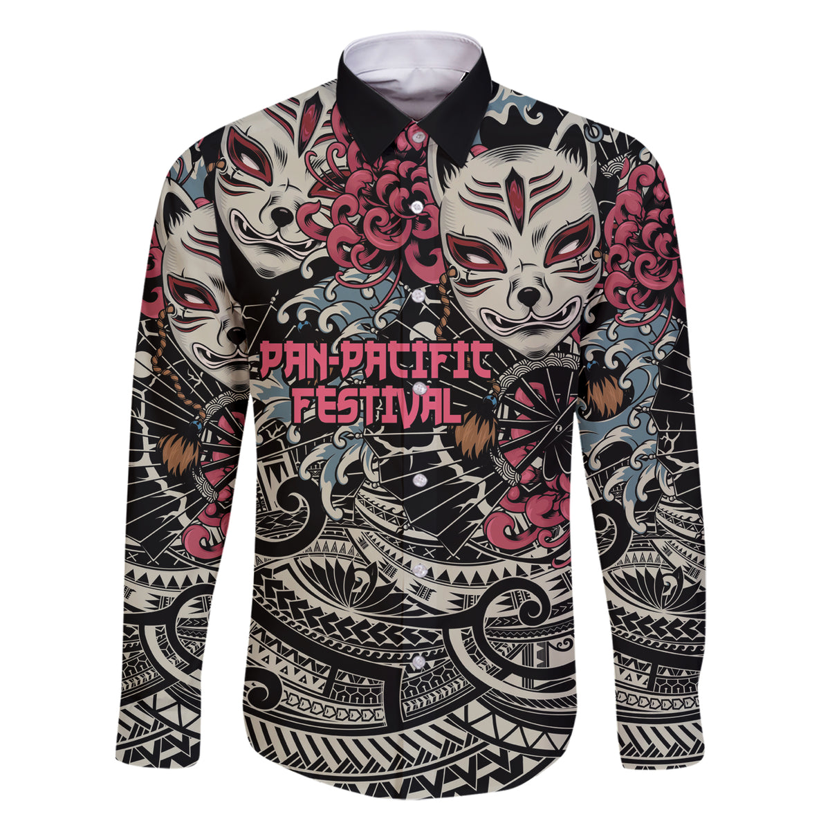 Personalized Japanese Kitsune Mask Family Matching Short Sleeve Bodycon Dress and Hawaiian Shirt With Polynesian Arty Style LT9 Dad's Shirt - Long Sleeve Black - Polynesian Pride