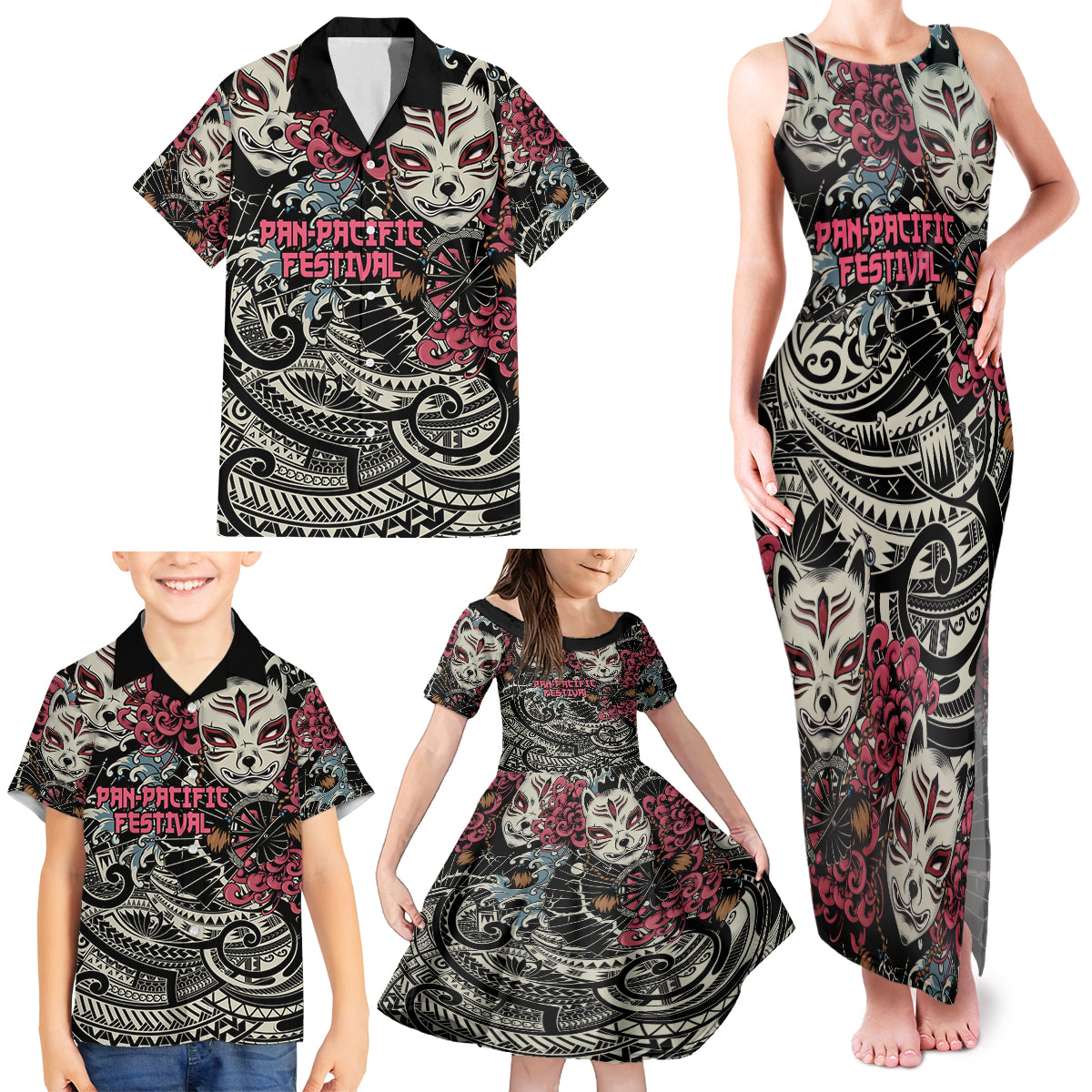 Personalized Japanese Kitsune Mask Family Matching Tank Maxi Dress and Hawaiian Shirt With Polynesian Arty Style