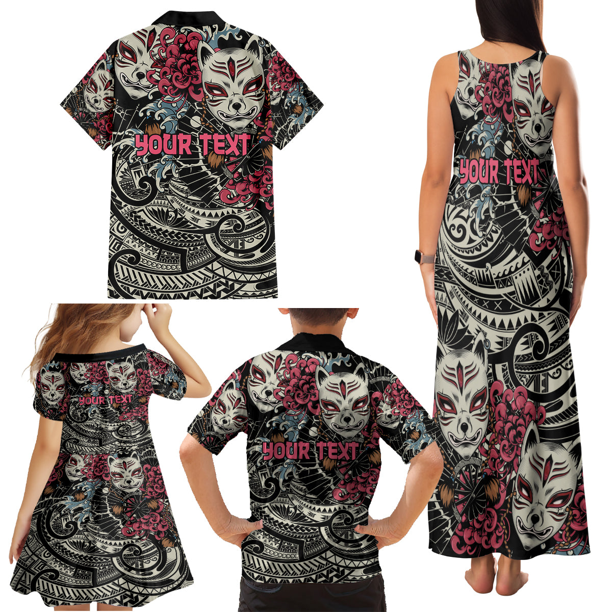 Personalized Japanese Kitsune Mask Family Matching Tank Maxi Dress and Hawaiian Shirt With Polynesian Arty Style