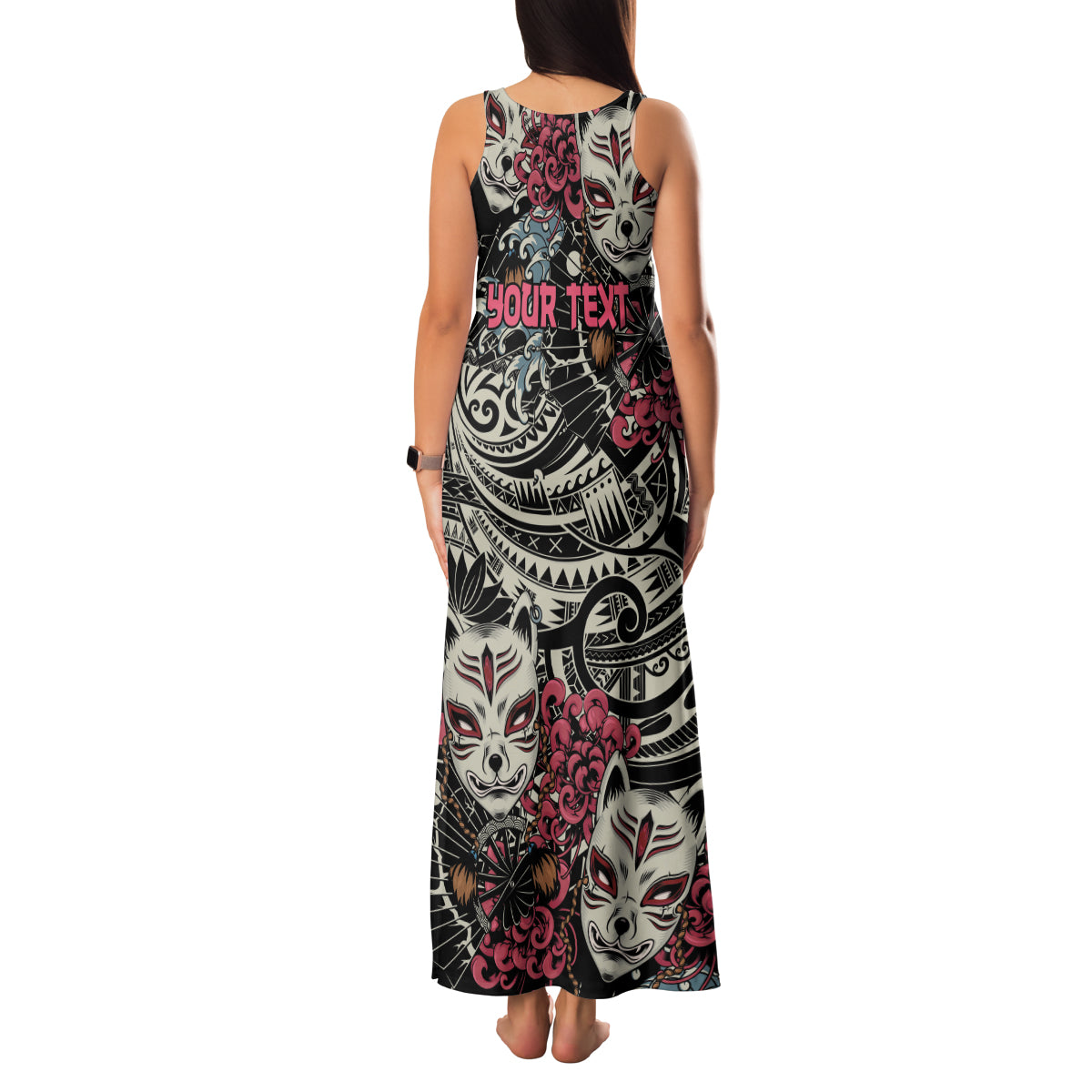 Personalized Japanese Kitsune Mask Family Matching Tank Maxi Dress and Hawaiian Shirt With Polynesian Arty Style