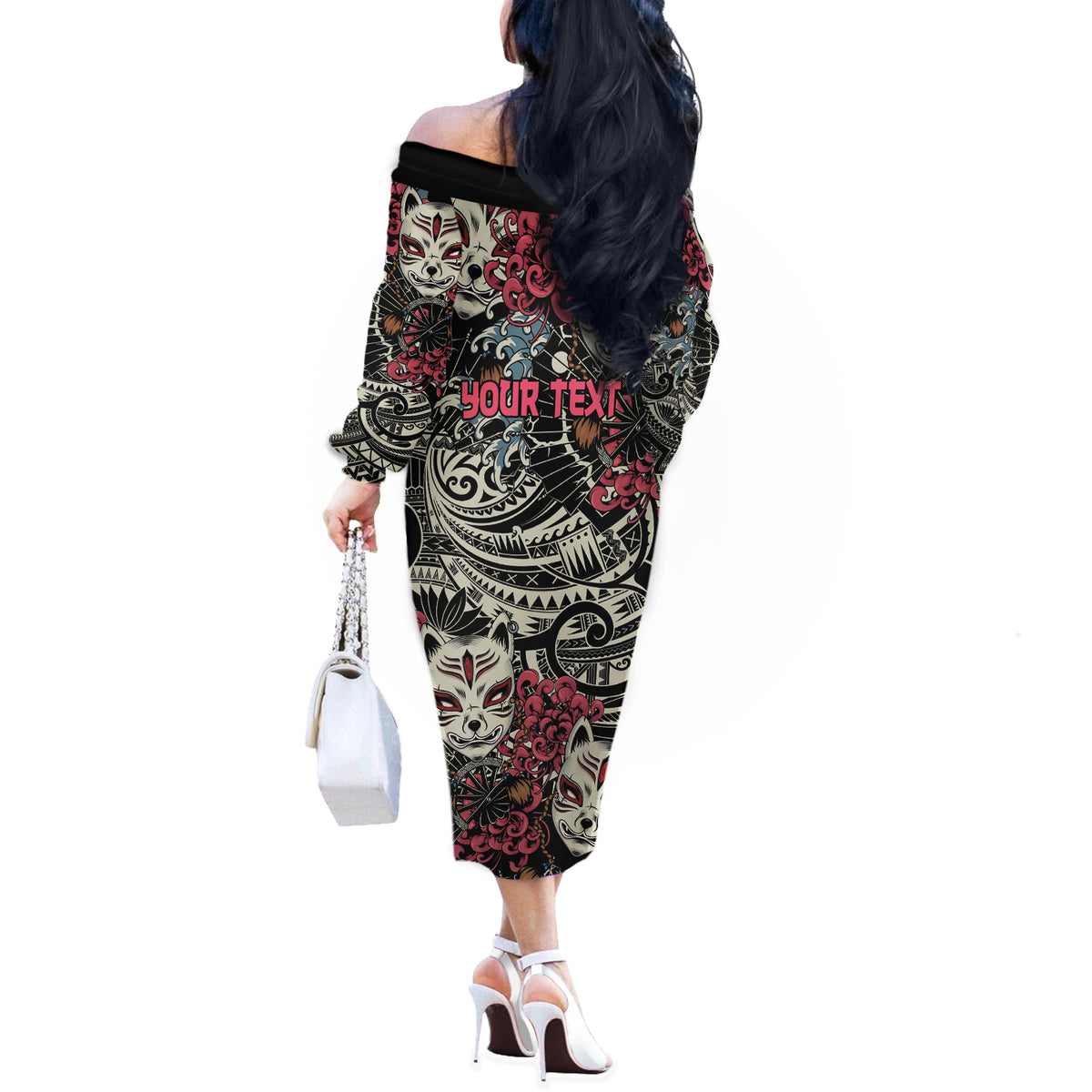 Personalized Japanese Kitsune Mask Off The Shoulder Long Sleeve Dress With Polynesian Arty Style LT9 - Polynesian Pride