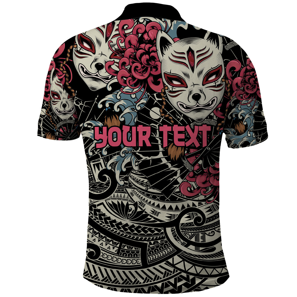 Personalized Japanese Kitsune Mask Polo Shirt With Polynesian Arty Style