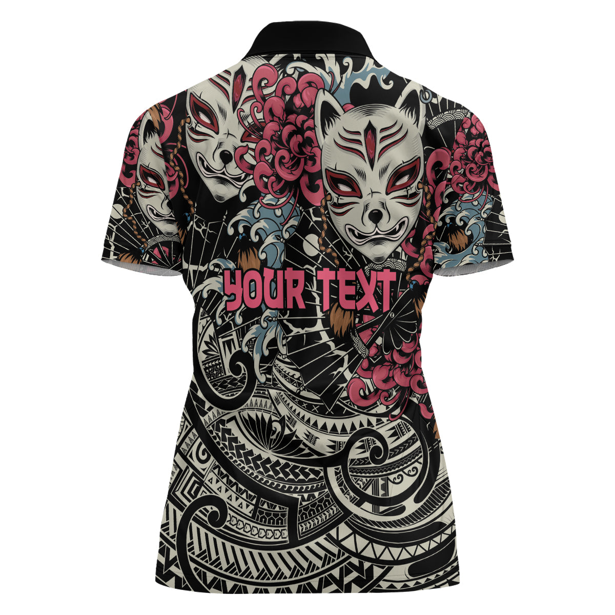 Personalized Japanese Kitsune Mask Women Polo Shirt With Polynesian Arty Style