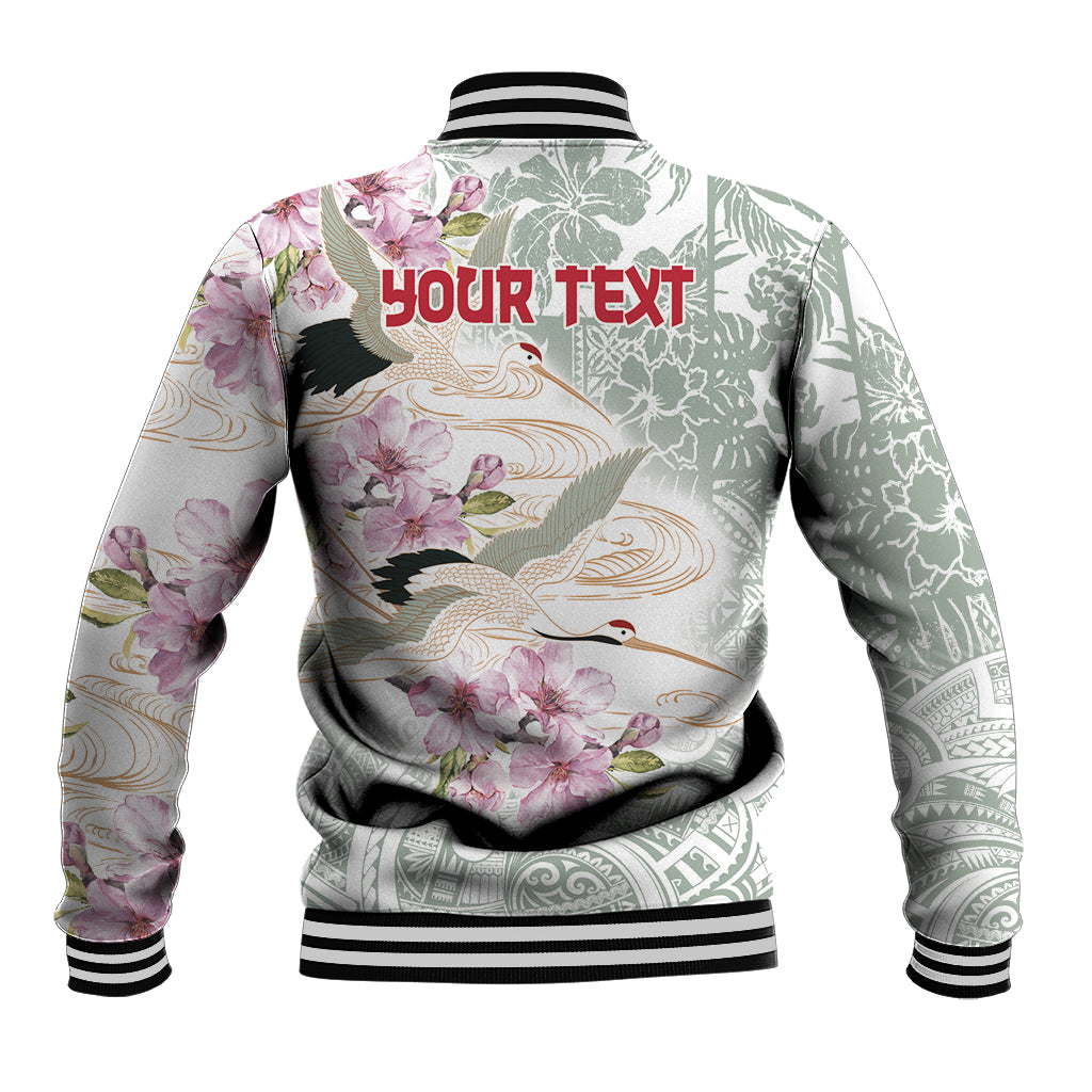 Personalized Japanese Shirasagi Bird Baseball Jacket Sakura and Hibiscus Polynesian Pattern