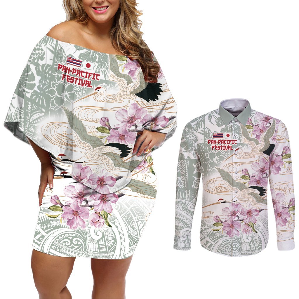 Personalized Japanese Shirasagi Bird Couples Matching Off Shoulder Short Dress and Long Sleeve Button Shirt Sakura and Hibiscus Polynesian Pattern LT9 White - Polynesian Pride