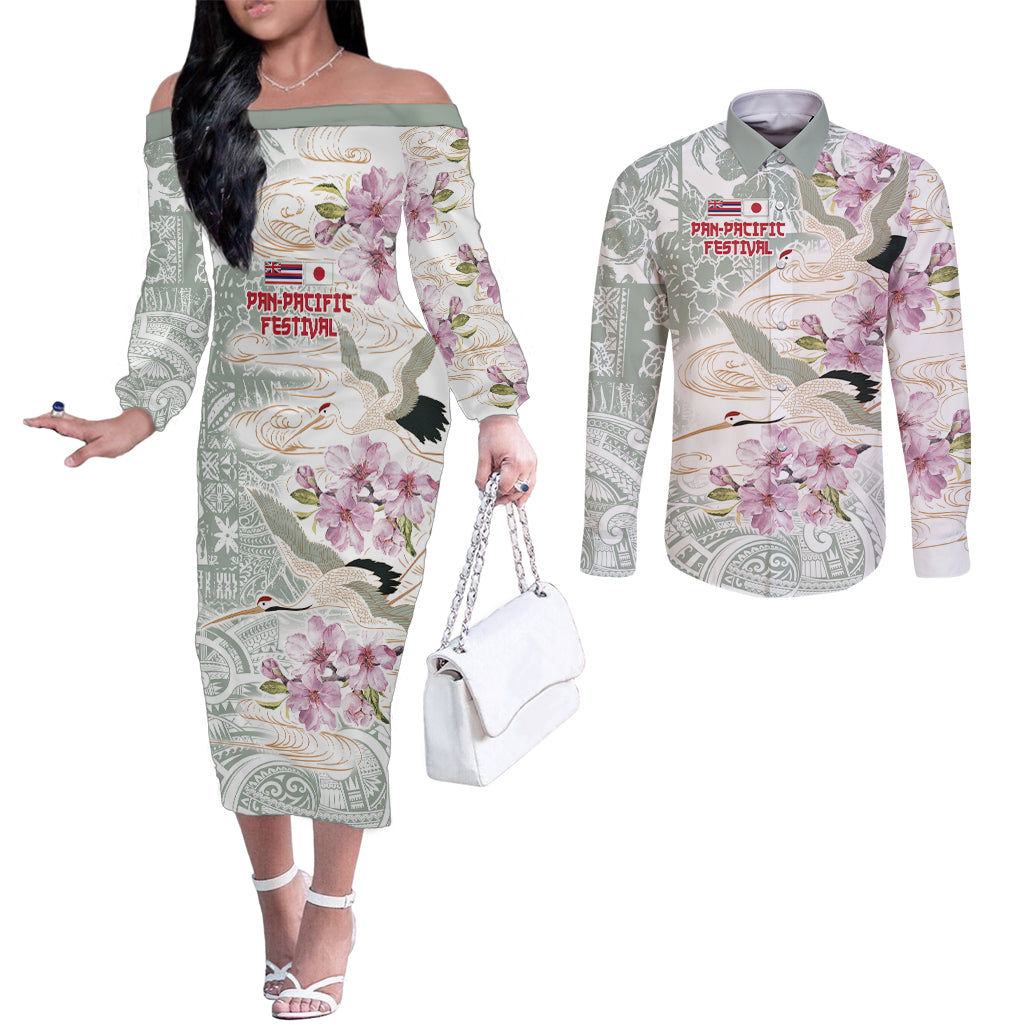 Personalized Japanese Shirasagi Bird Couples Matching Off The Shoulder Long Sleeve Dress and Long Sleeve Button Shirt Sakura and Hibiscus Polynesian Pattern LT9 White - Polynesian Pride