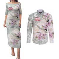 Personalized Japanese Shirasagi Bird Couples Matching Puletasi and Long Sleeve Button Shirt Sakura and Hibiscus Polynesian Pattern