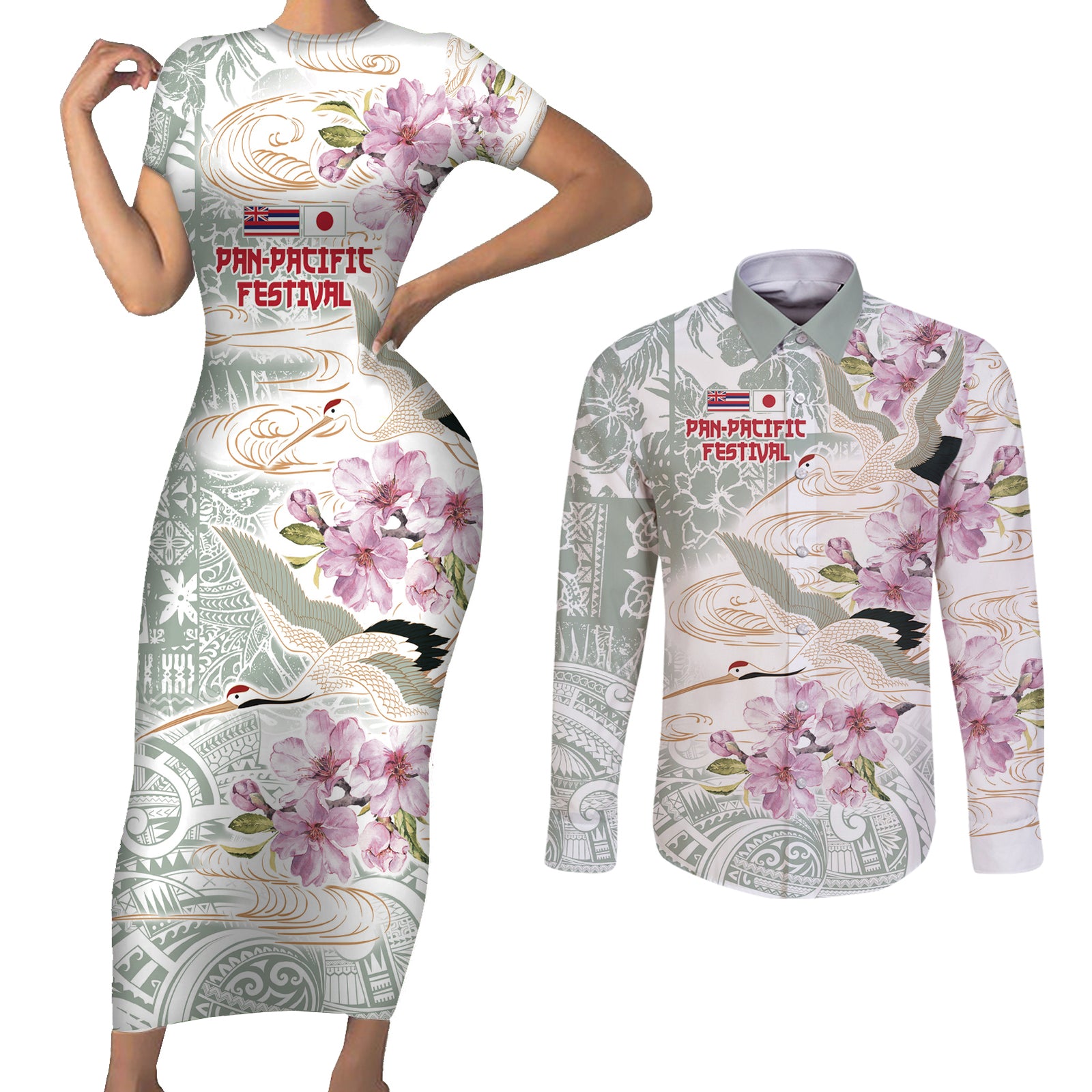 Personalized Japanese Shirasagi Bird Couples Matching Short Sleeve Bodycon Dress and Long Sleeve Button Shirt Sakura and Hibiscus Polynesian Pattern LT9 White - Polynesian Pride