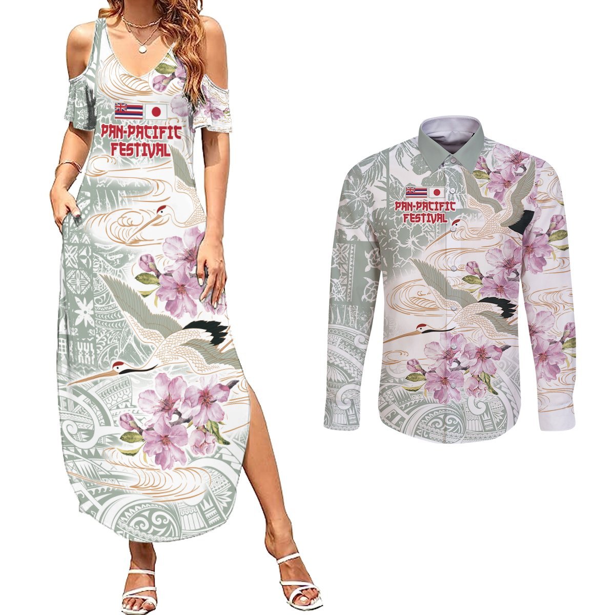 Personalized Japanese Shirasagi Bird Couples Matching Summer Maxi Dress and Long Sleeve Button Shirt Sakura and Hibiscus Polynesian Pattern LT9 White - Polynesian Pride