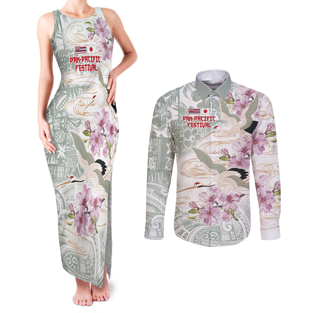 Personalized Japanese Shirasagi Bird Couples Matching Tank Maxi Dress and Long Sleeve Button Shirt Sakura and Hibiscus Polynesian Pattern