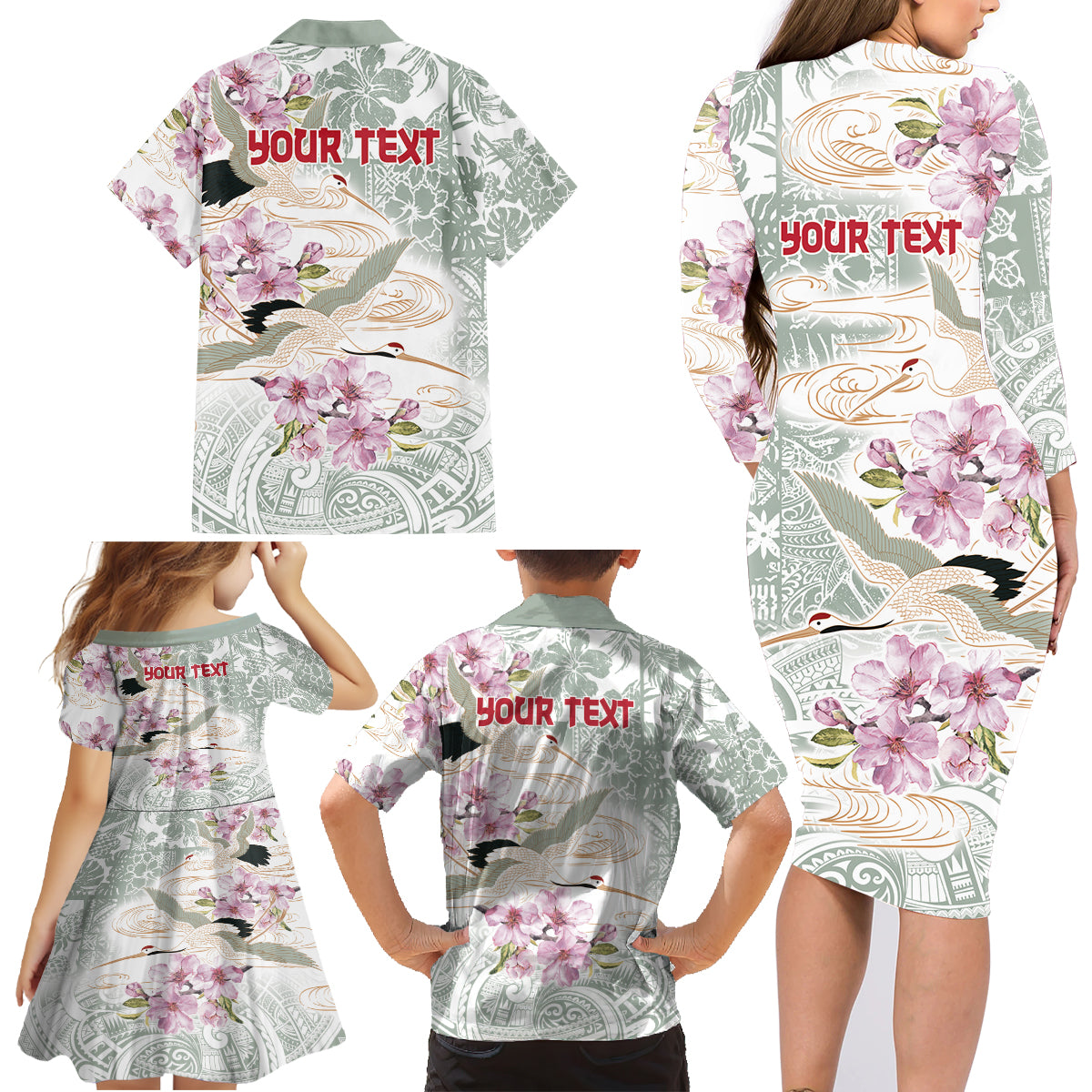 Personalized Japanese Shirasagi Bird Family Matching Long Sleeve Bodycon Dress and Hawaiian Shirt Sakura and Hibiscus Polynesian Pattern LT9 - Polynesian Pride