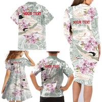 Personalized Japanese Shirasagi Bird Family Matching Long Sleeve Bodycon Dress and Hawaiian Shirt Sakura and Hibiscus Polynesian Pattern LT9 - Polynesian Pride